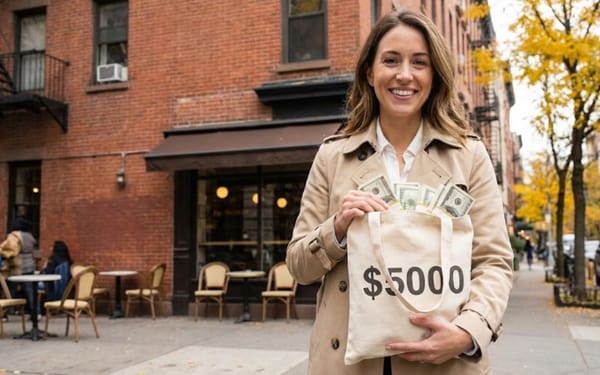 Woman holding a bag with $5000, illustrating Mediavine's new revenue requirement for publishers.