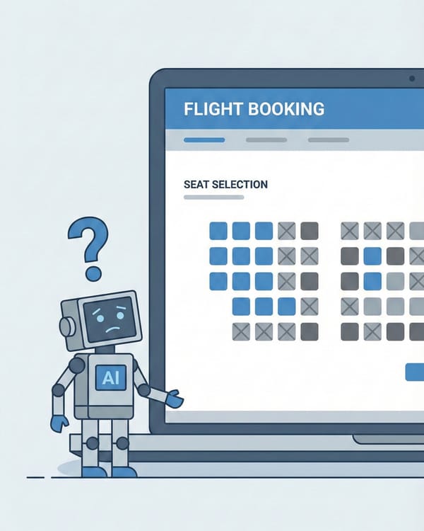 AI robot confused by flight booking seat selection interface showing legal barriers