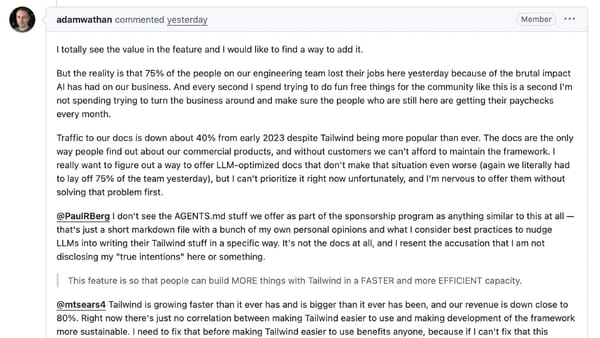 AI impact forces Tailwind CSS to cut 75% of staff despite growing popularity and declining revenue by 80%
