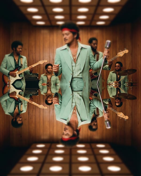 Bruno Mars I Just Might illustration retro 70s performance YouTube charts 2026