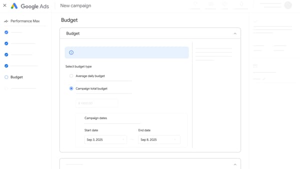 Google Ads interface showing campaign total budget option for Performance Max with date selector