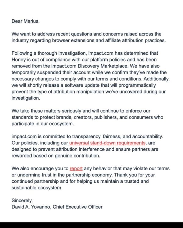 Impact.com CEO letter announcing Honey suspension for attribution violations