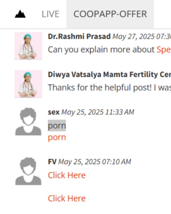 Spam comments with inappropriate links on fertility clinic blog showing typical comment spam pattern