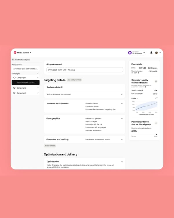 Pinterest Media Planner interface showing campaign setup with budget estimates and audience targeting options