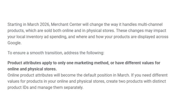 Google Merchant Center notification showing March 2026 multi-channel product ID requirement for retailers.