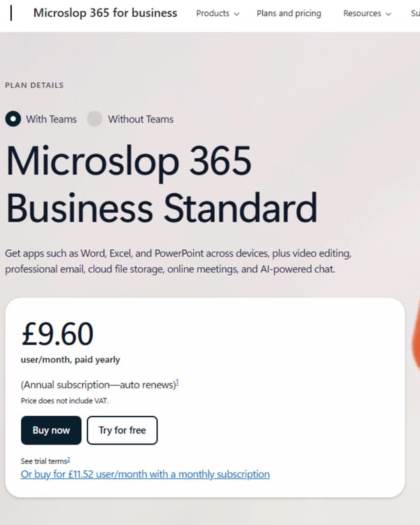 Microsoft 365 pricing page showing "Microslop 365 Business Standard" after browser extension replacement