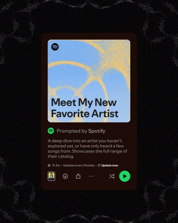 Spotify Prompted Playlist interface showing "Meet My New Favorite Artist" with natural language prompts