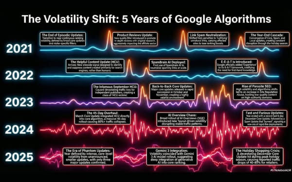 Google SERP volatility visualization showing algorithmic shifts from 2021-2025 tracking major updates.