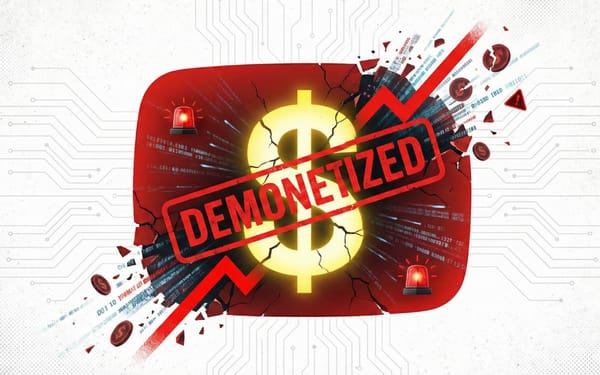 YouTube demonetization stamp over cracked dollar sign with warning lights and digital code fragments