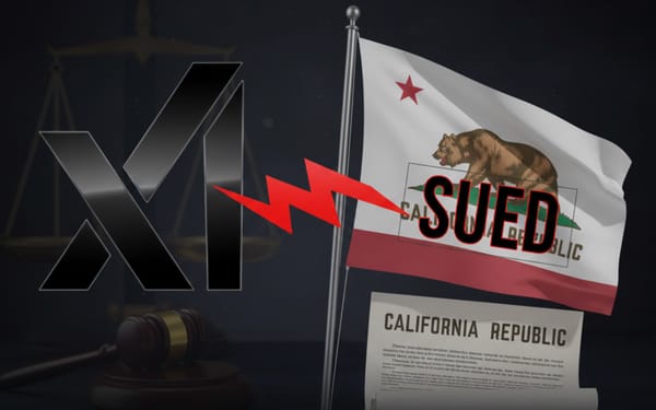 xAI logo and California flag with gavel illustrating lawsuit over AI training data disclosure law