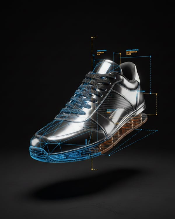 3D product visualization of sneaker showing wireframe mesh and photorealistic rendering techniques
