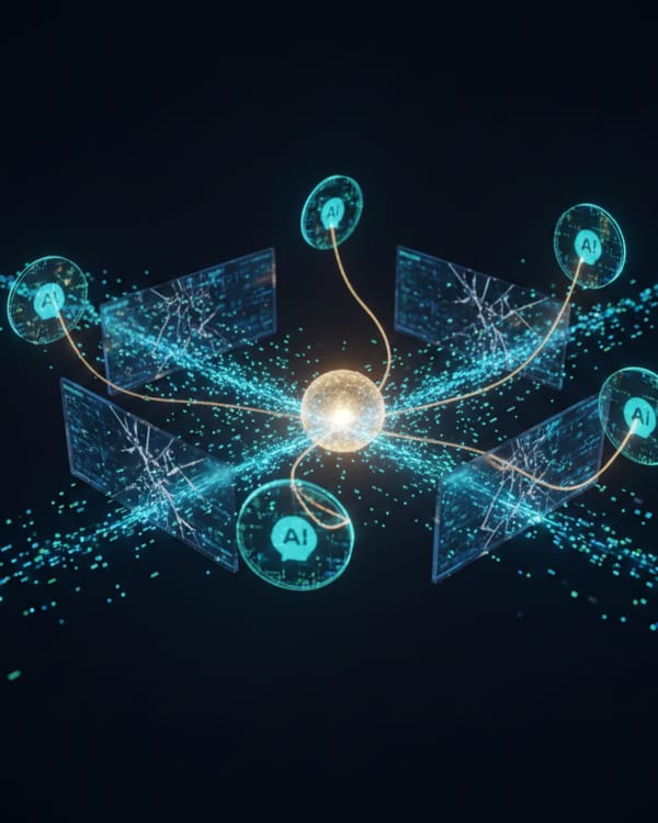 B2B marketing data streams converging into a central AI node across multiple platforms.