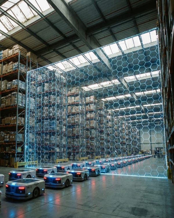 Robots queue before a glowing digital barrier inside an Amazon fulfillment warehouse.