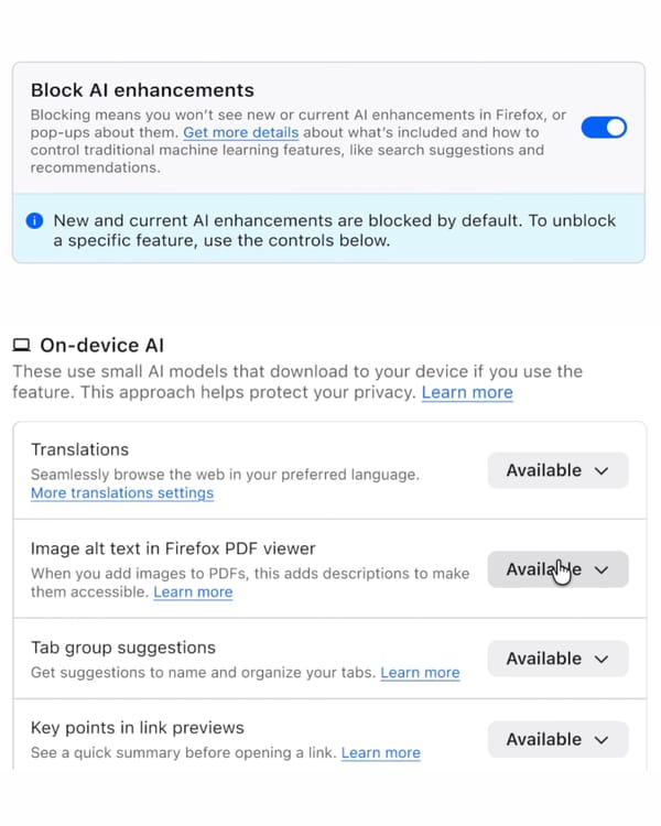 Firefox AI controls settings interface showing block toggle and individual feature options