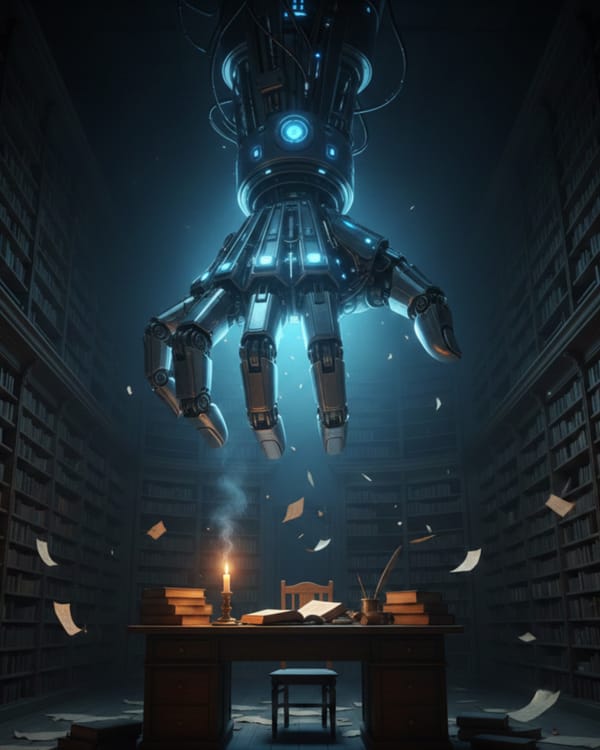 Robotic hand looming over a publisher's desk as papers scatter in a darkened library.