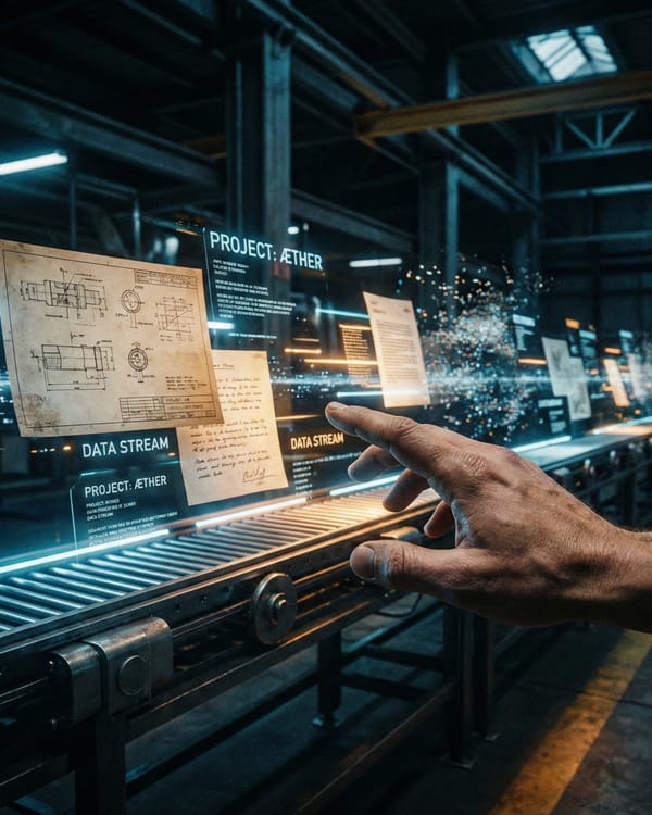 Human hand touching AI document assembly line in dark industrial facility.