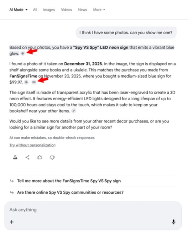 Google AI Mode shows Gmail and Photos icons next to personalized responses citing user data sources