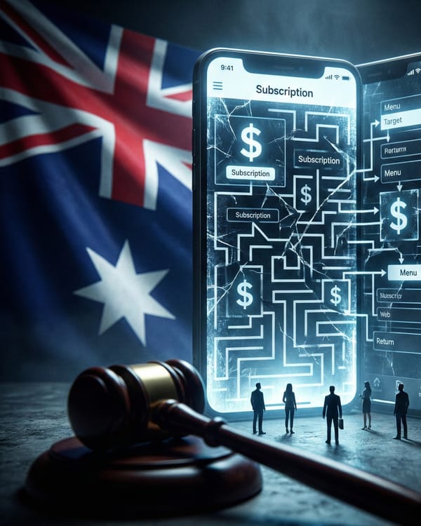 Australian flag, gavel, and phone maze illustrate subscription trap regulation crackdown.