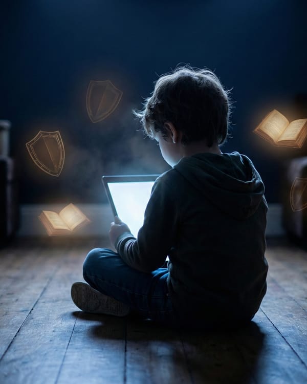 Child using a tablet in the dark, surrounded by glowing shields and books symbolizing online safety.