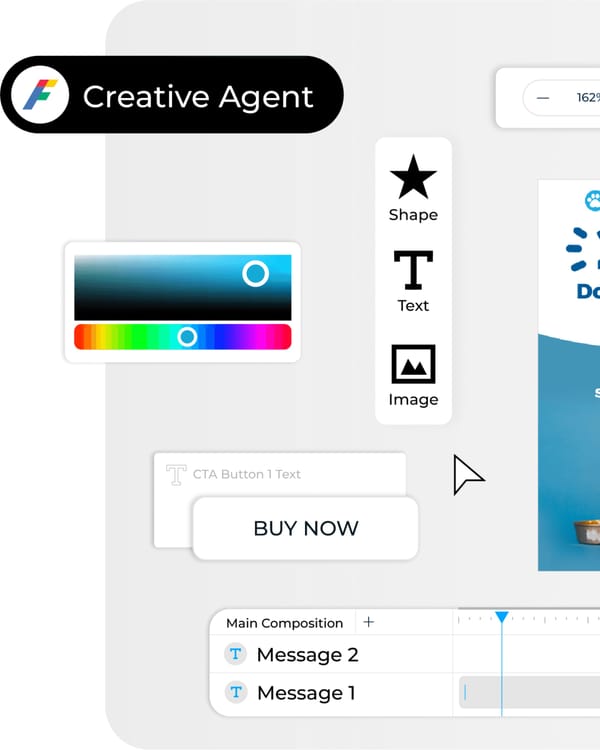 Flight Control's Creative Agent interface showing shape, text, and image editing tools.