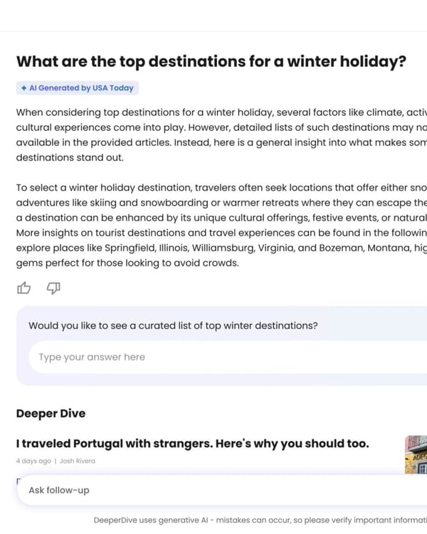 DeeperDive AI answer engine showing USA Today winter holiday query with conversational interface