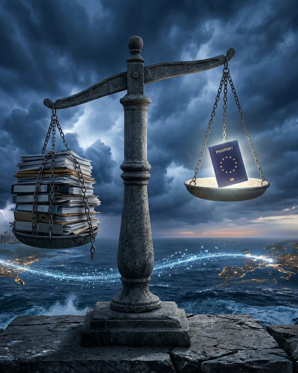 Scales of justice weigh banking files against an EU passport over a stormy Atlantic Ocean.