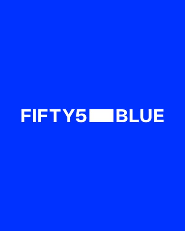 Fifty5Blue logo on electric blue background, the new brand identity of former Kantar Media.