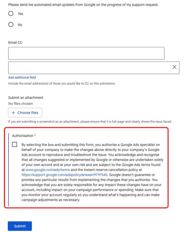 Google Ads support form authorization clause granting specialists direct account access.