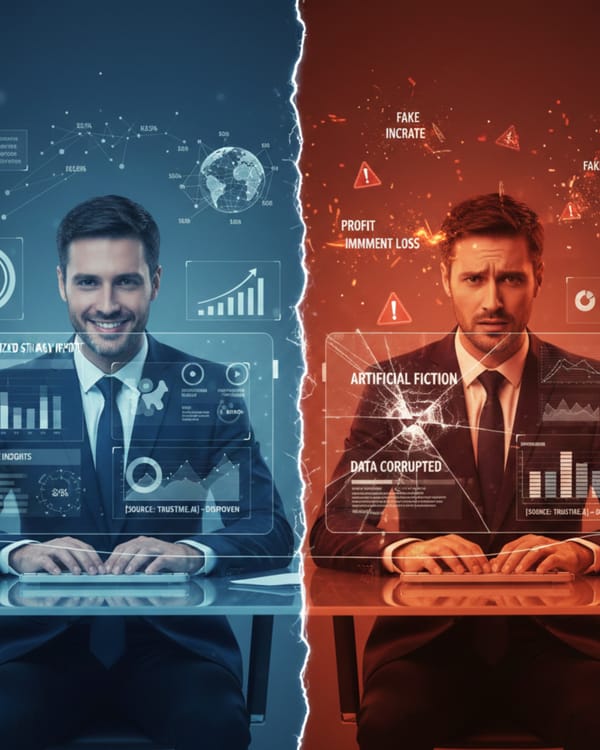 AI reliability split: confident marketer with data vs. errors and warnings