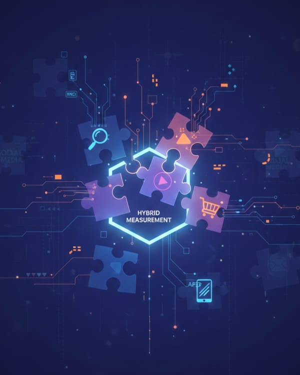 Puzzle pieces with marketing channel icons converging into unified hybrid measurement framework