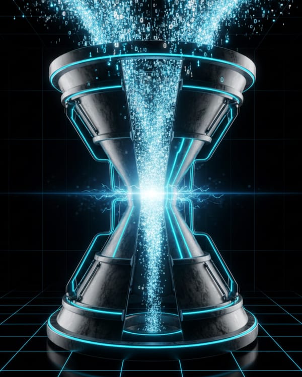 Digital hourglass showing data compression through narrow bottleneck, illustrating web crawl limits