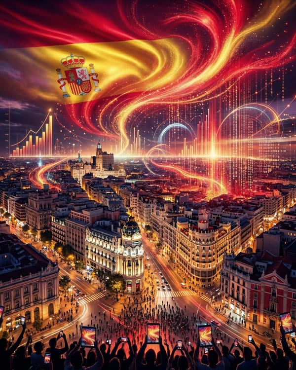Madrid skyline with Spanish flag and digital data streams showing Spain's €6.2bn ad market growth.