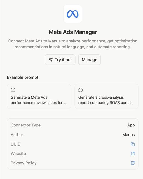 Meta Ads Manager connector inside Manus AI, enabling performance analysis and automated reporting.