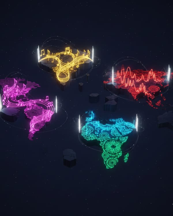 A world map showing continents isolated by glowing musical notes in different colors, representing fragmented streaming markets.