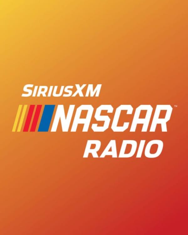 SiriusXM NASCAR Radio logo featuring orange gradient background and racing-inspired branding elements.