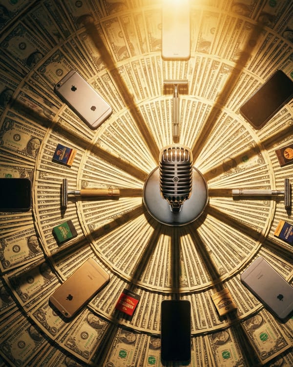 Vintage microphone surrounded by dollar bills and smartphones illustrating podcast ad growth