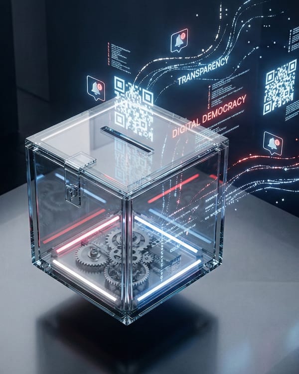 Transparent ballot box with QR codes and digital data streams showing political ad transparency system