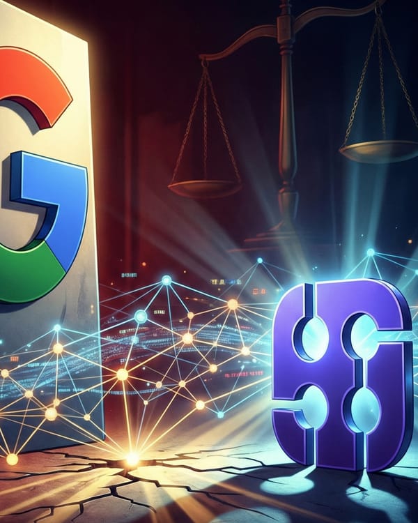 Google "G" logo faces SerpApi emblem across a data network with scales of justice above.