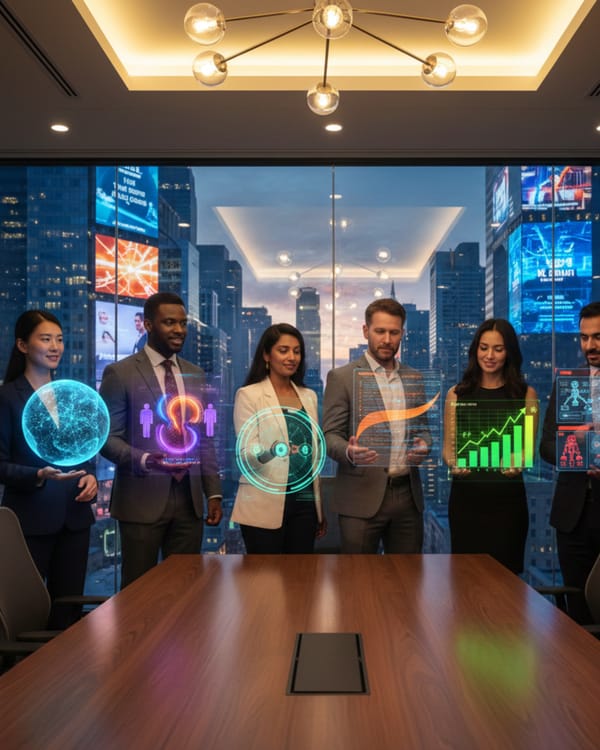 Six startup founders display holographic measurement technologies in modern boardroom at dusk