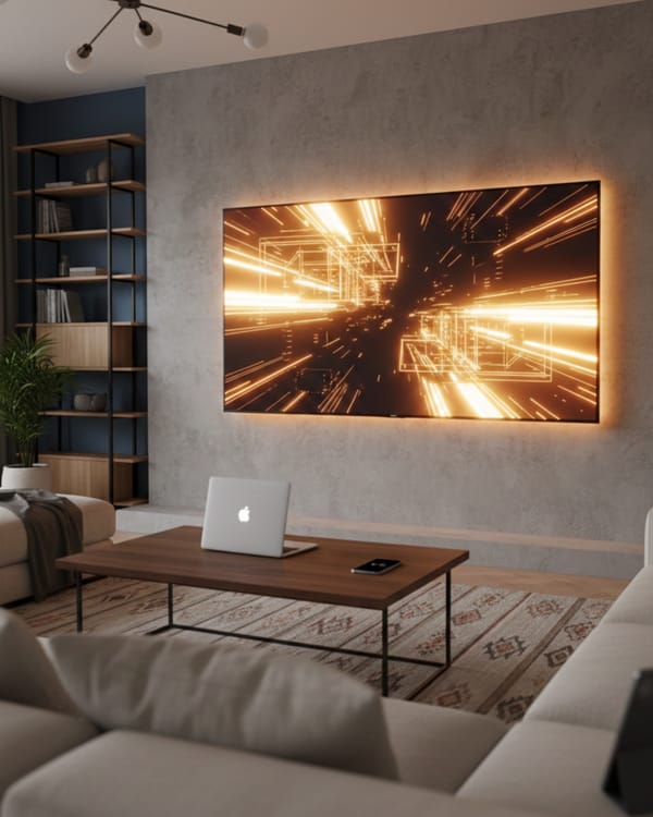 Modern Polish living room with glowing TV dominating space, laptop and phone secondary