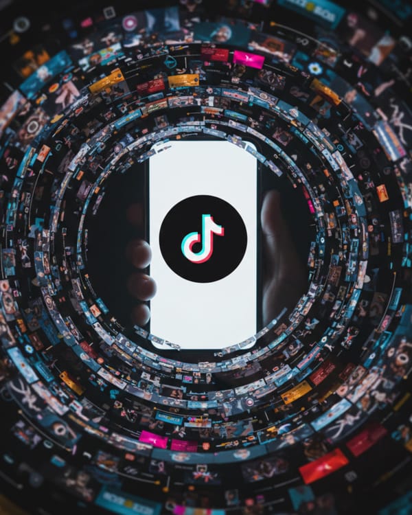 TikTok app surrounded by endless spiral of content illustrating infinite scroll addiction