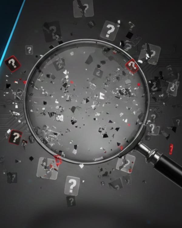 Magnifying glass examining fragmented data amid question marks symbolizes ad transparency concerns