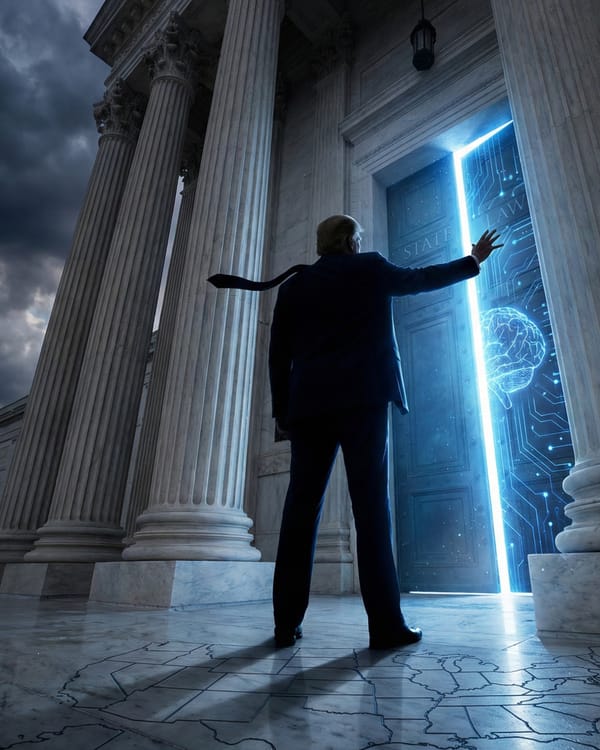 Silhouette blocks glowing AI brain door at Capitol, US state outlines on marble floor.