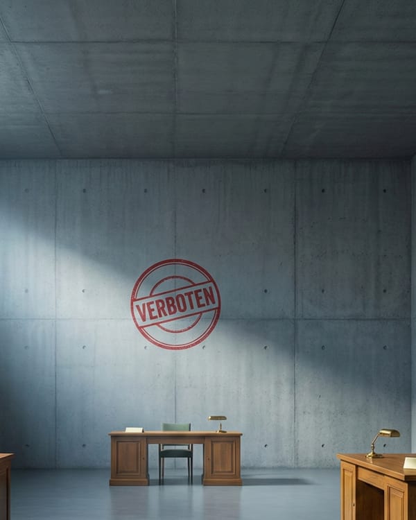 Two oak desks in a Brutalist office chamber beneath a red Verboten stamp on concrete.
