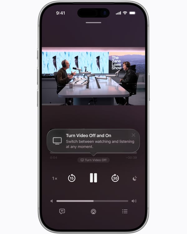 Apple Podcasts video interface showing seamless toggle between watching and listening modes