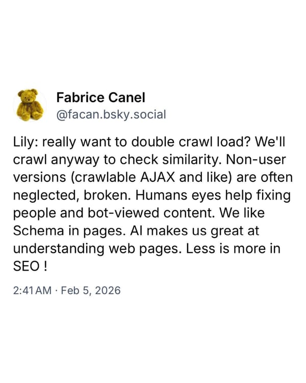 Fabrice Canel warns against separate markdown pages for LLMs, citing doubled crawl load and policy risks.