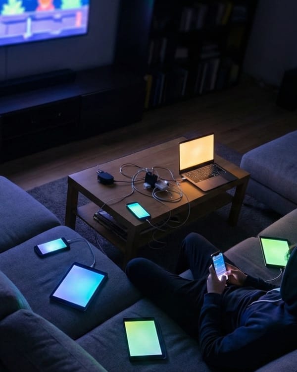 Multiple screens glow in dark living room showing fragmented viewer attention across CTV devices