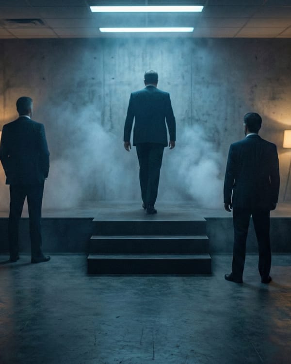 Three suited executives face a foggy wall as ad industry power shifts reshape digital advertising.