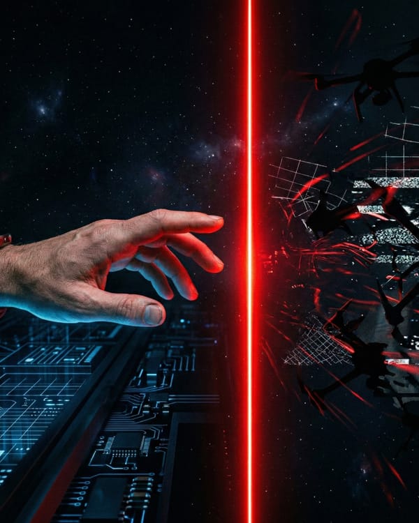 Hand reaching toward a red line dividing AI order from autonomous weapon chaos.