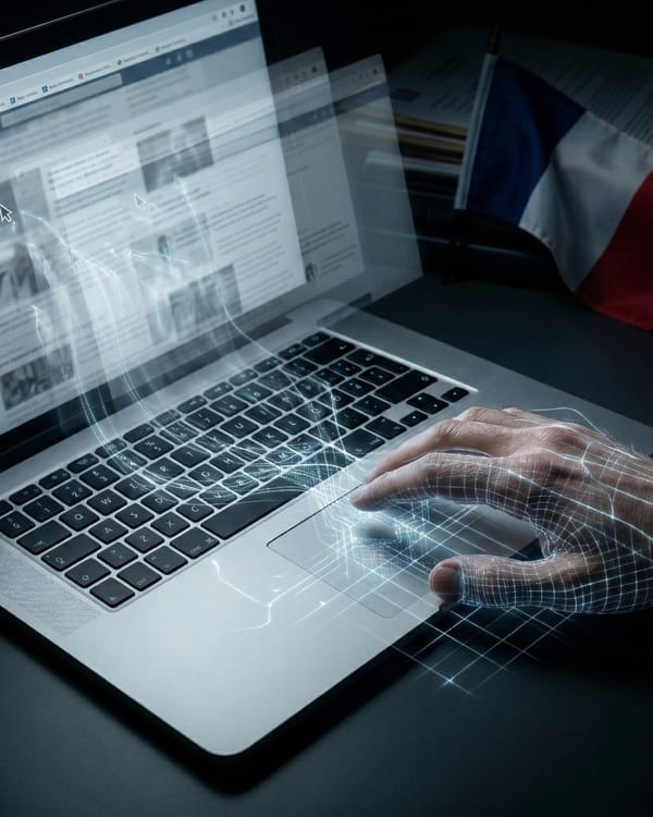 Hand on laptop trackpad with digital tracking overlay and French flag, session replay concept.